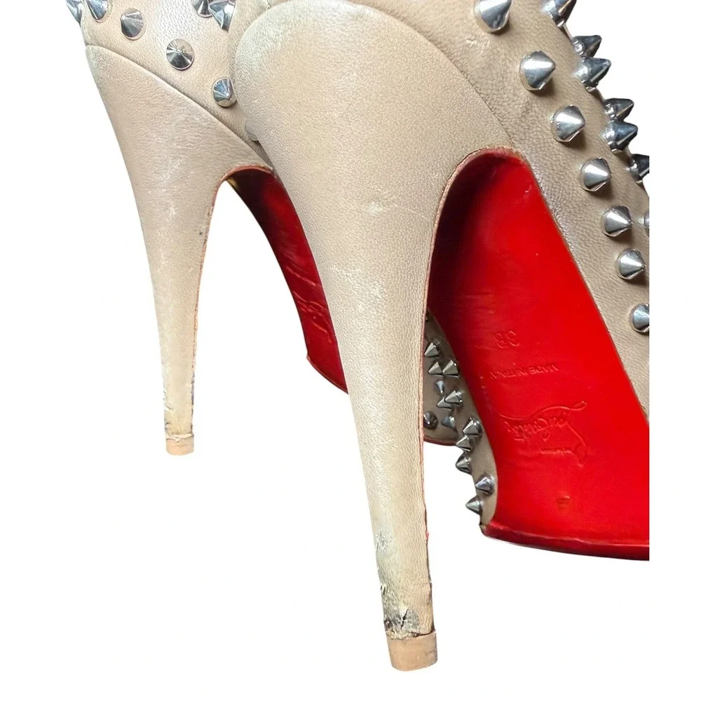Christian Louboutin Alti Spikes 160 Nude Leather Peep Toe Platform Pumps 38